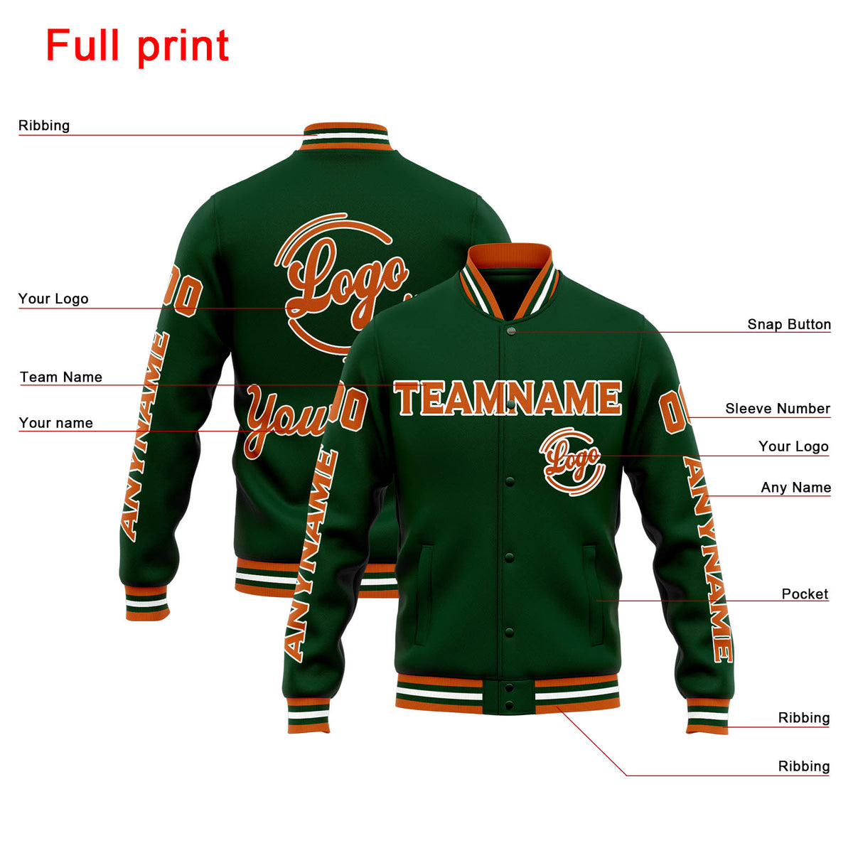Chaqueta universitaria personalizada estilo Letterman para hombres-mujeres y jóvenes-color verde oscuro y naranja