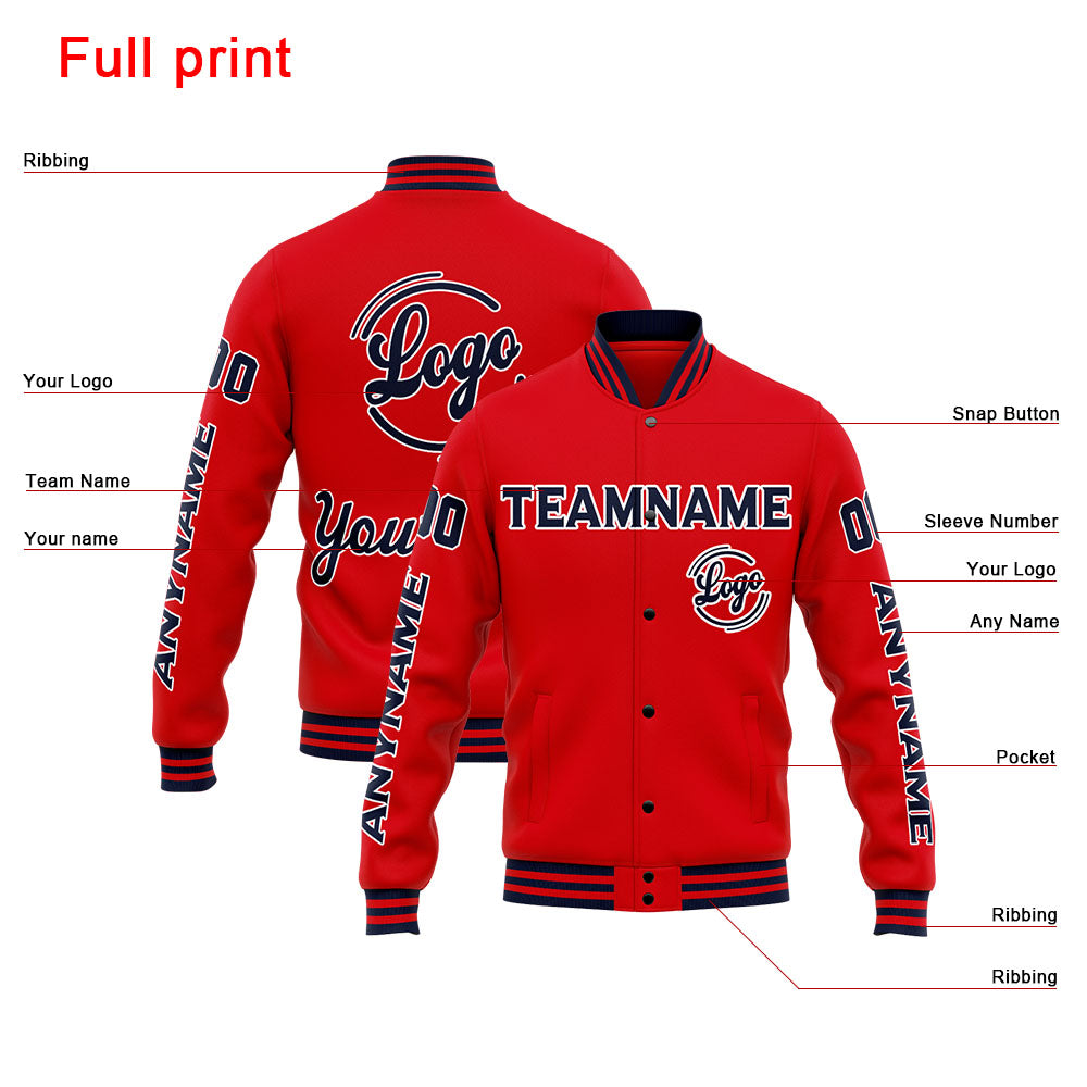 Chaqueta universitaria personalizada estilo Letterman para hombres-mujeres y jóvenes-color azul marino y rojo
