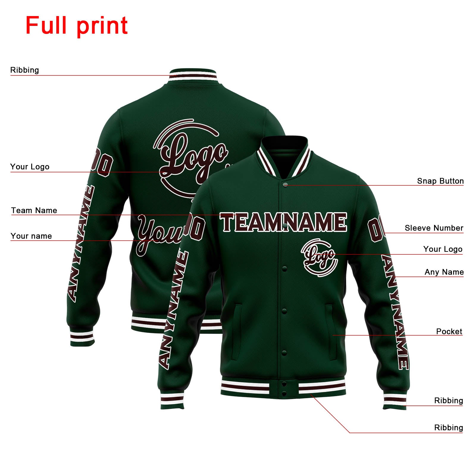 Chaqueta universitaria personalizada estilo Letterman para hombres-mujeres y jóvenes-color verde y marrón