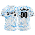 Camiseta de béisbol con dise?o personalizado estampado completo color blanco y azul