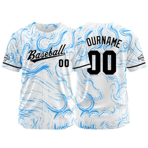 Camiseta de béisbol con dise?o personalizado estampado completo color blanco y azul