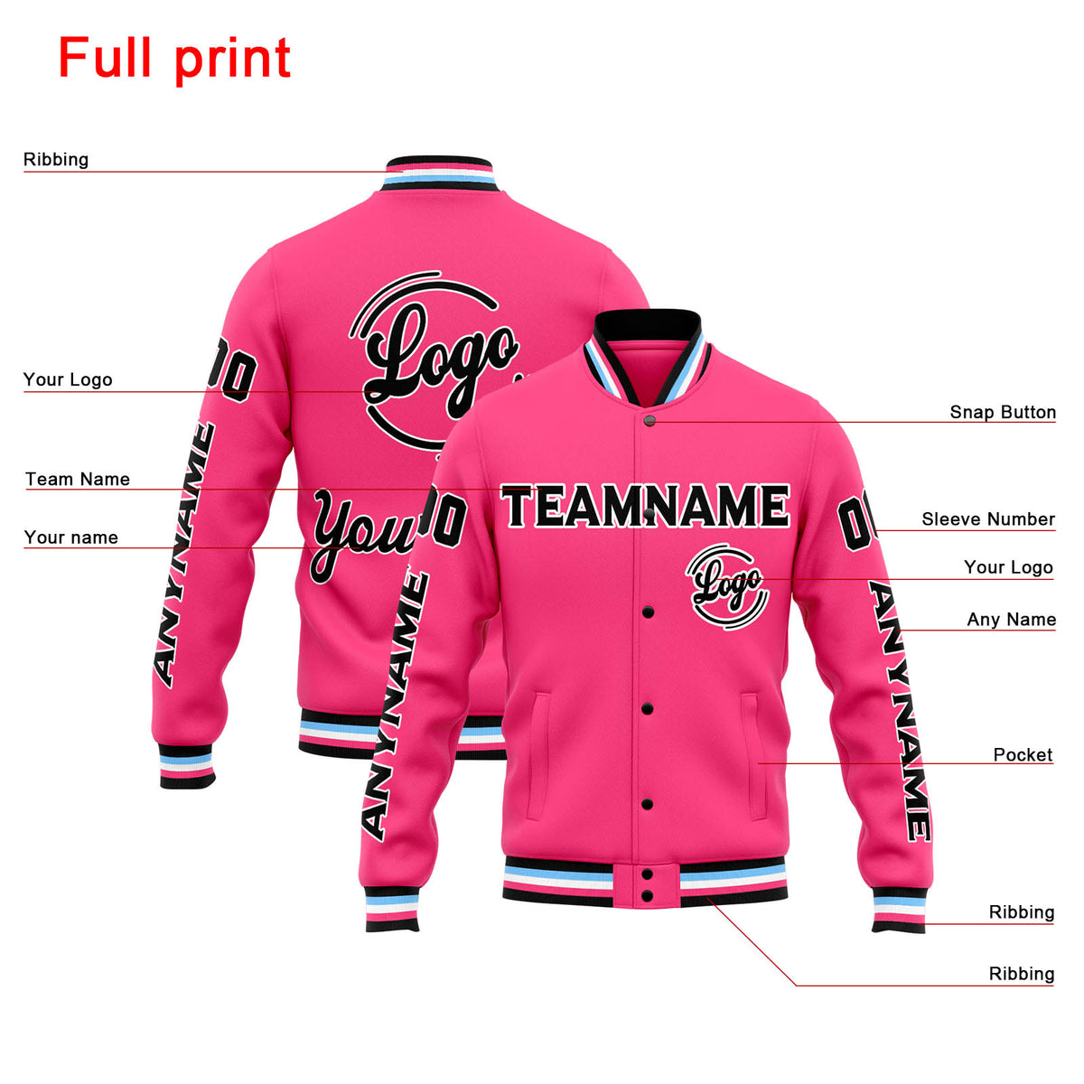 Chaqueta universitaria personalizada estilo Letterman para hombres-mujeres y jóvenes-color rosa y negro