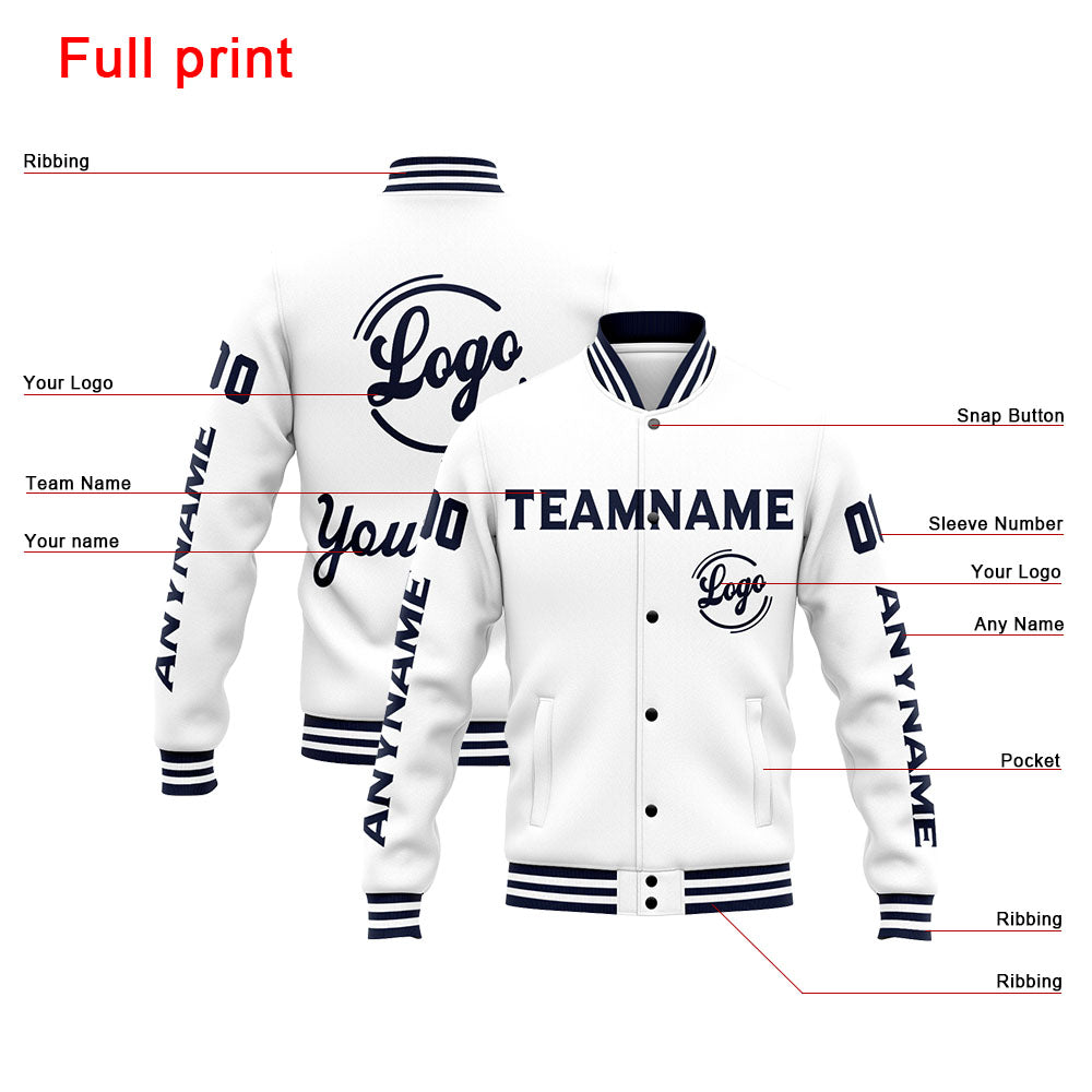 Chaqueta universitaria personalizada estilo Letterman para hombres-mujeres y jóvenes-color azul marino y blanco