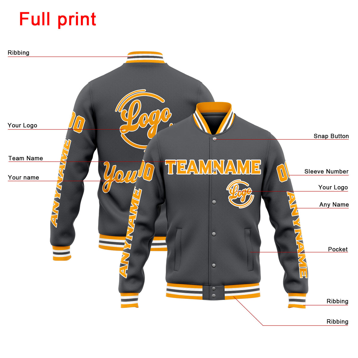 Chaqueta universitaria personalizada estilo Letterman para hombres-mujeres y jóvenes-color gris y amarillo