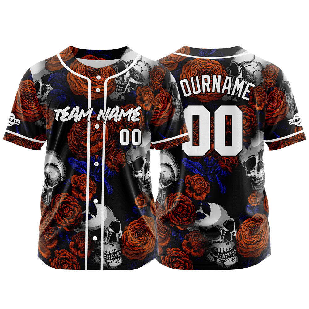 Camiseta de béisbol personalizada para hombres mujeres ni?os y jóvenes con bordados y estampado de calavera rosa y naranja