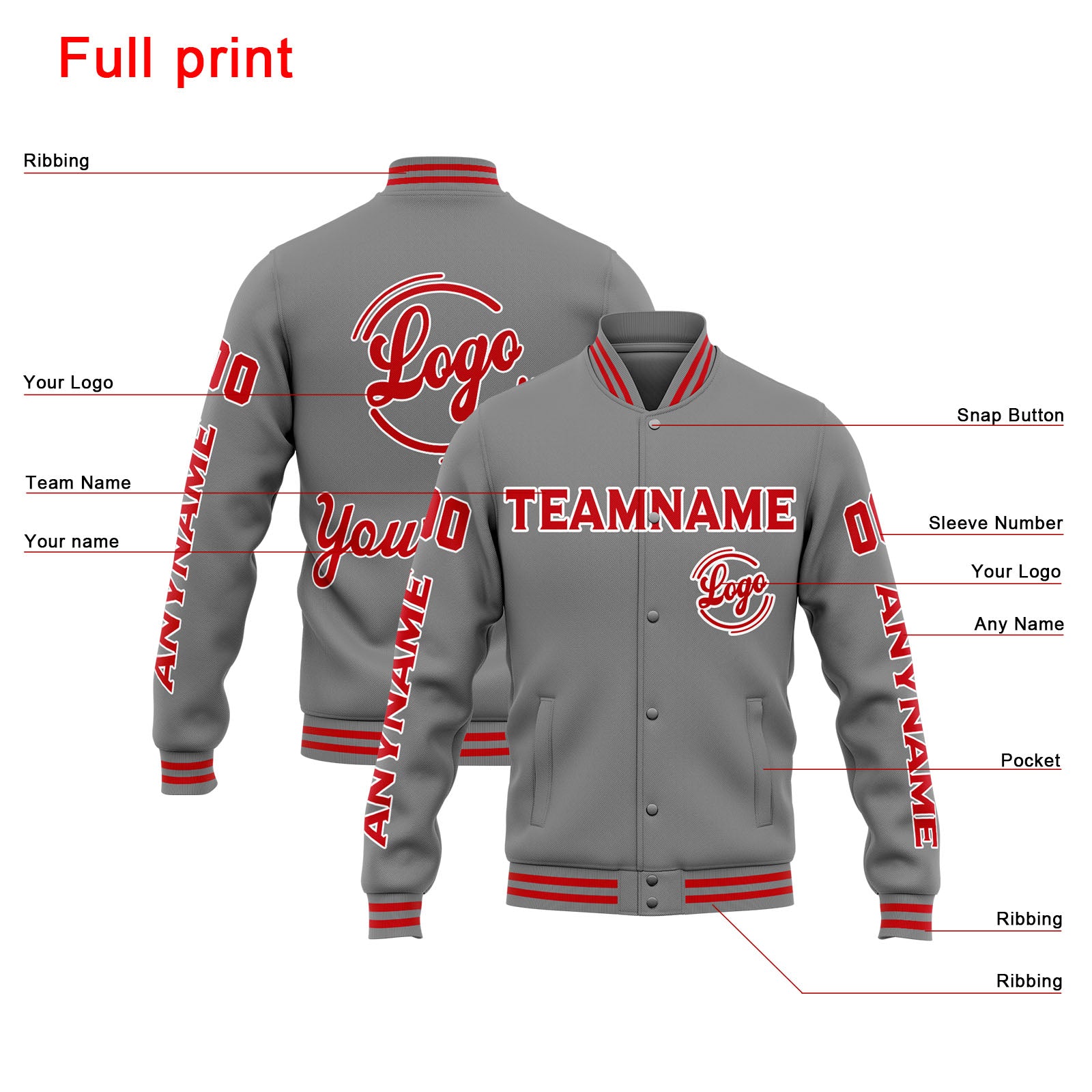 Chaqueta universitaria personalizada estilo Letterman para hombres-mujeres y jóvenes-color gris y rojo