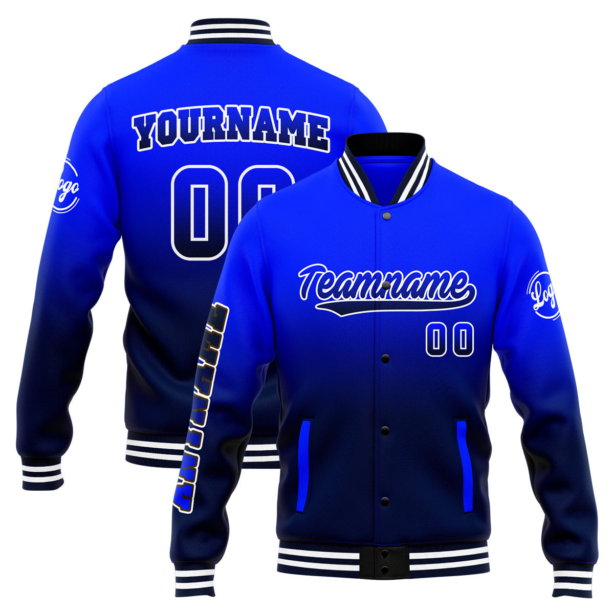 Chaqueta universitaria personalizada estilo Letterman para hombres-mujeres y jóvenes (azul marino y azul marino)