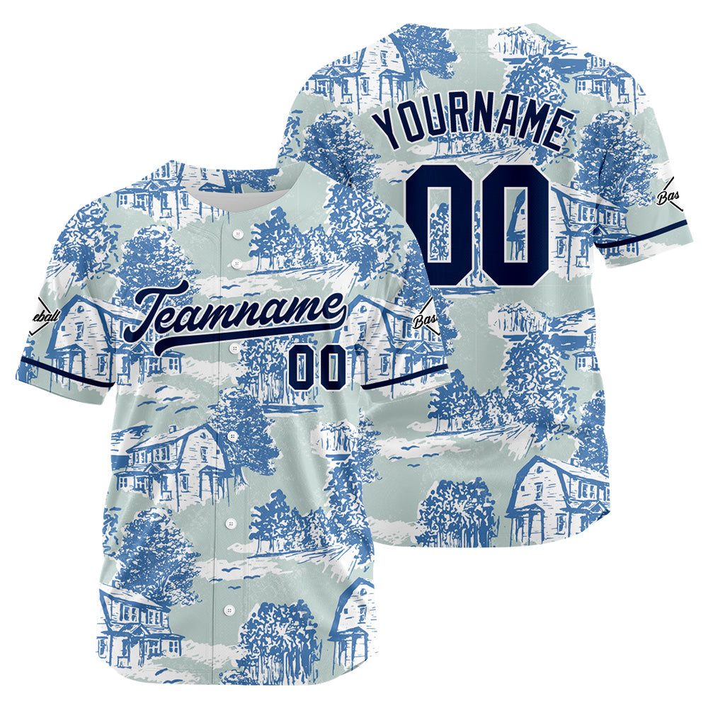 Camiseta de béisbol azul con dise?o personalizado estampado completo
