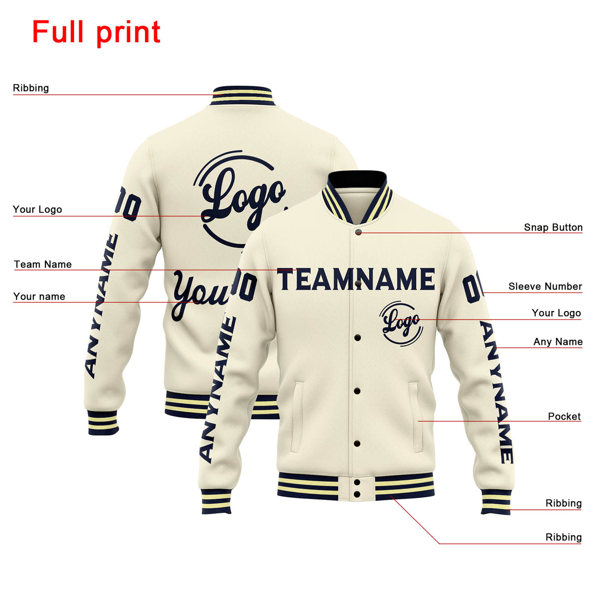 Chaqueta universitaria personalizada estilo Letterman para hombres-mujeres y jóvenes-color crema y azul marino
