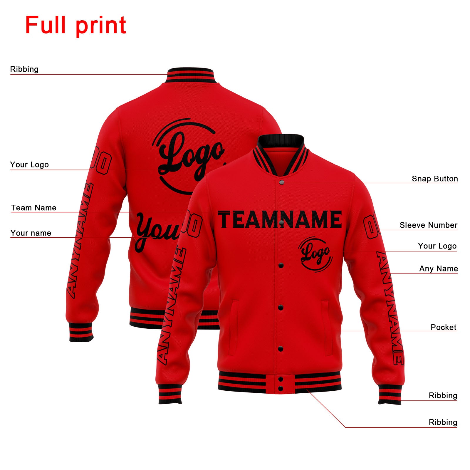 Chaqueta universitaria personalizada estilo Letterman para hombres-mujeres y jóvenes-color rojo y negro