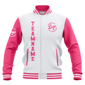 Chaquetas universitarias impermeables blancas y rosas personalizadas con nombre-número y logotipo bordados