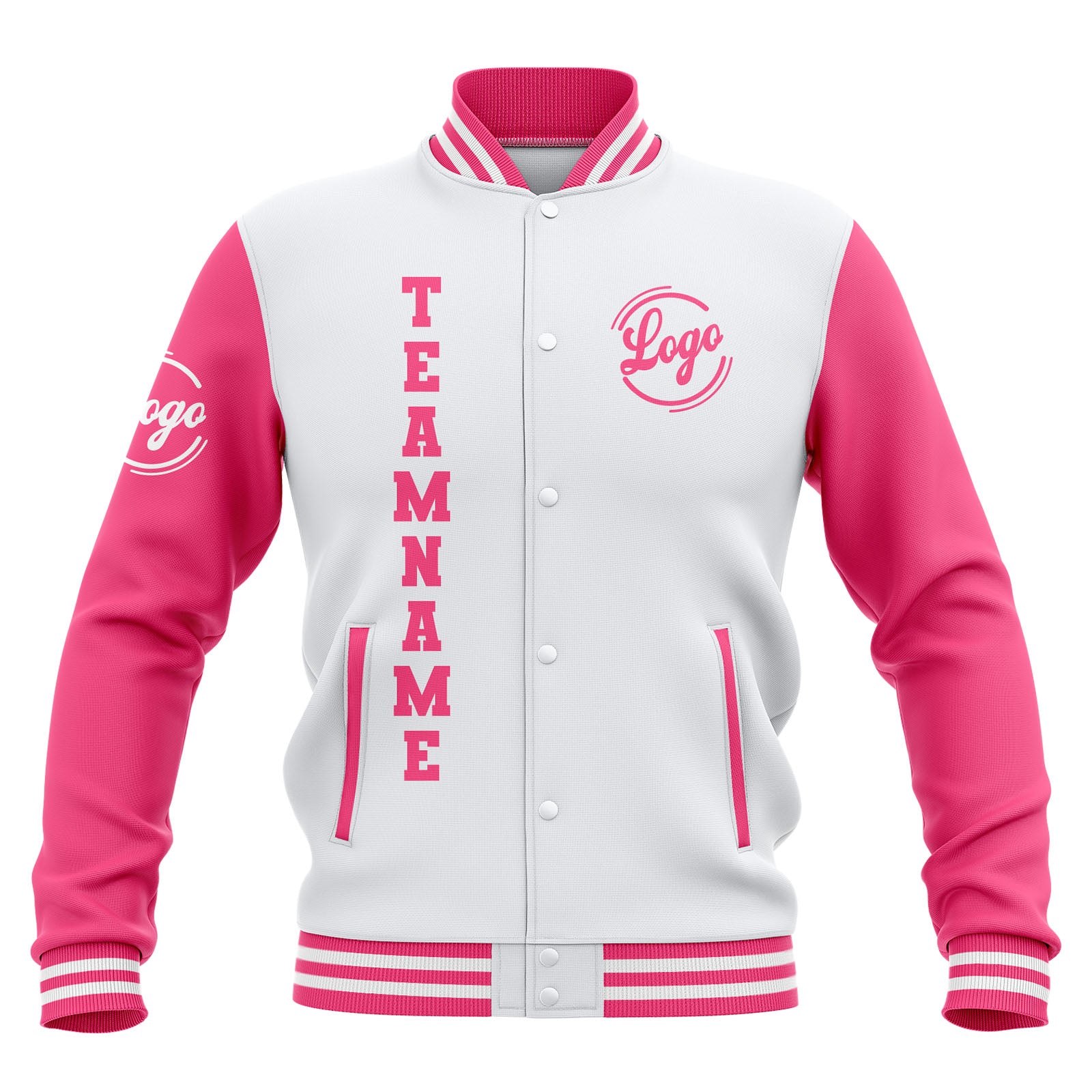 Chaquetas universitarias impermeables blancas y rosas personalizadas con nombre-número y logotipo bordados