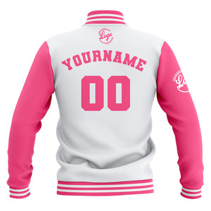Chaquetas universitarias impermeables blancas y rosas personalizadas con nombre-número y logotipo bordados