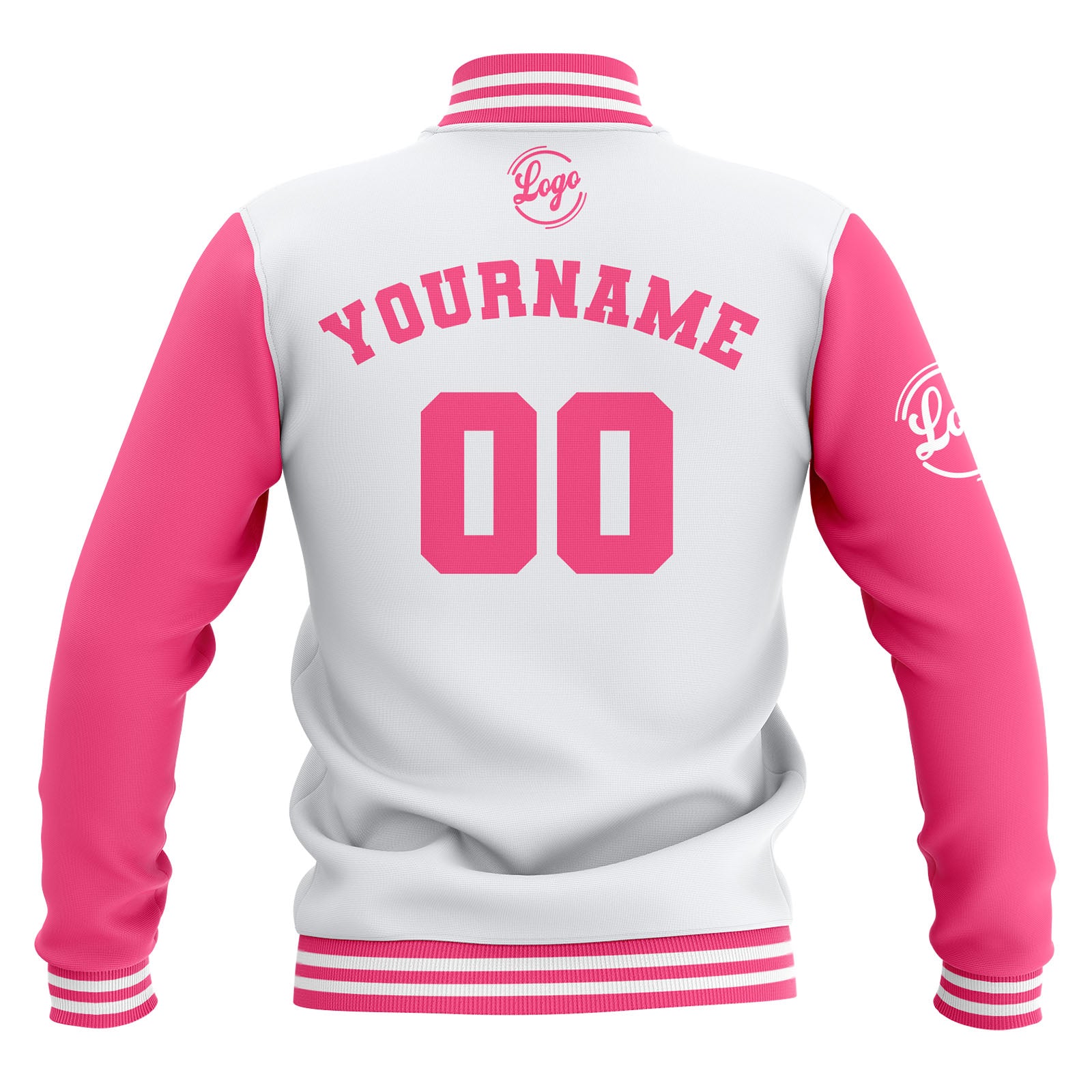 Chaquetas universitarias impermeables blancas y rosas personalizadas con nombre-número y logotipo bordados