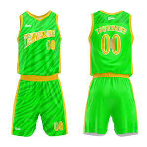 Uniforme de baloncesto personalizado verde neón con tu logotipo-nombre y número impresos