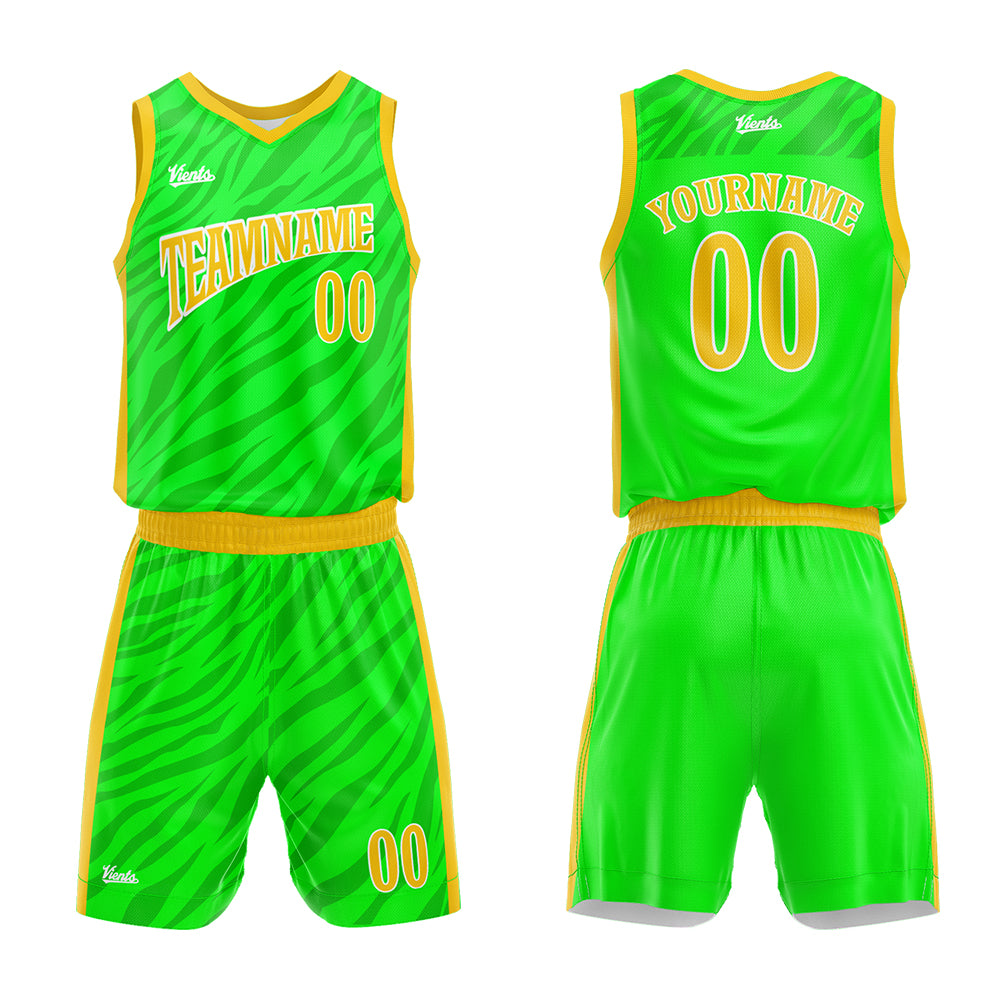 Uniforme de baloncesto personalizado verde neón con tu logotipo-nombre y número impresos