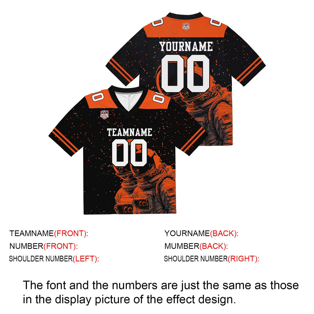 Camiseta de fútbol personalizada con nombre y número del equipo bordados-color negro y naranja