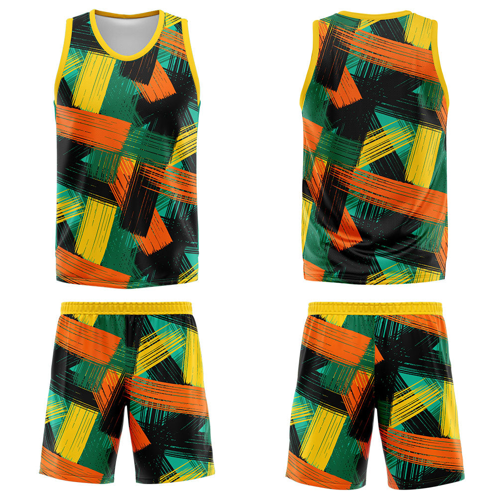 Uniforme de baloncesto personalizado amarillo y verde con tu logotipo-nombre y número impresos
