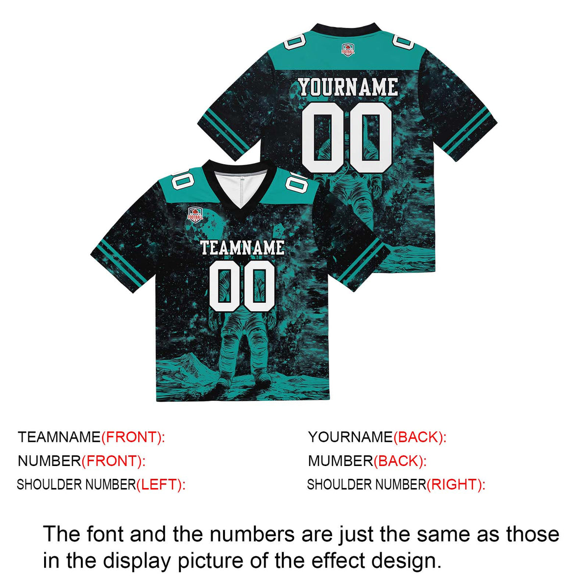 Camiseta de fútbol personalizada con nombre y número del equipo impresos y bordados-color negro y verde azulado