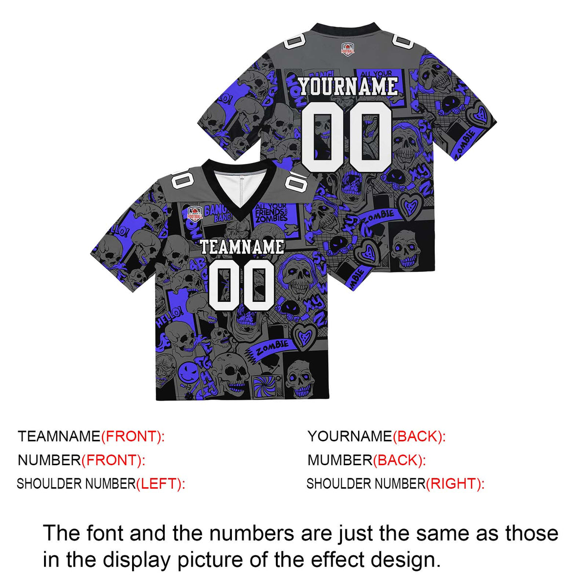 Camiseta de fútbol personalizada con nombre y número del equipo impresos y bordados-color azul