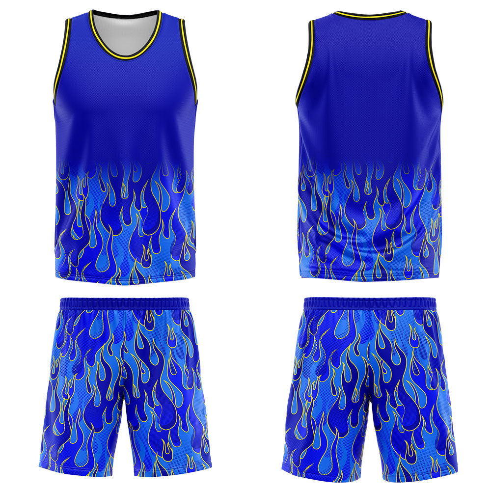 Uniforme de baloncesto personalizado Royal Flame con tu logotipo-nombre y número impresos