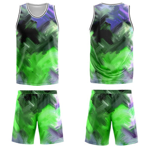 Uniforme de baloncesto personalizado verde y morado con tu logotipo-nombre y número impresos