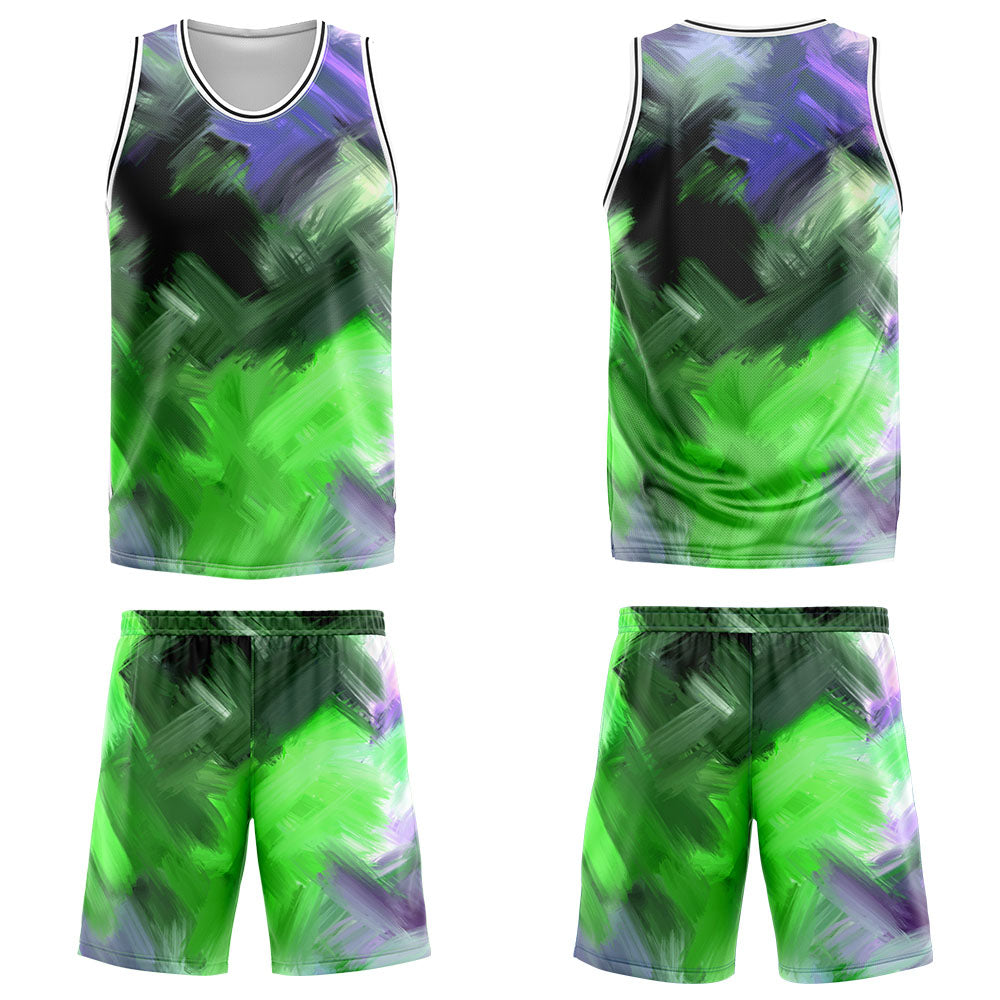 Uniforme de baloncesto personalizado verde y morado con tu logotipo-nombre y número impresos