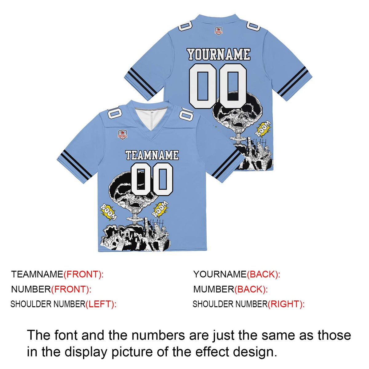 Camiseta de fútbol personalizada con nombre y número del equipo impresos y bordados-color azul claro