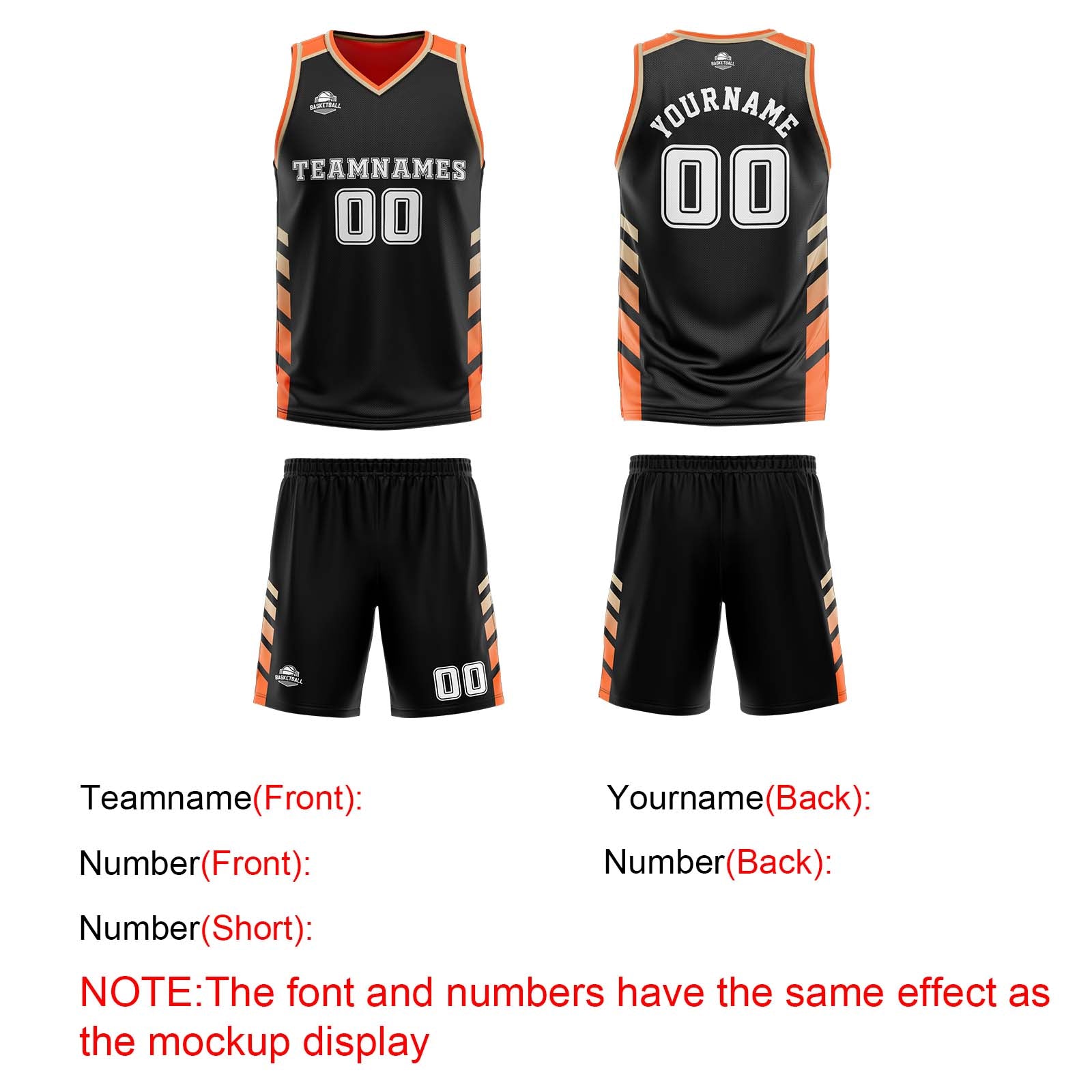 Traje de baloncesto reversible negro-naranja y dorado personalizado para adultos y niños