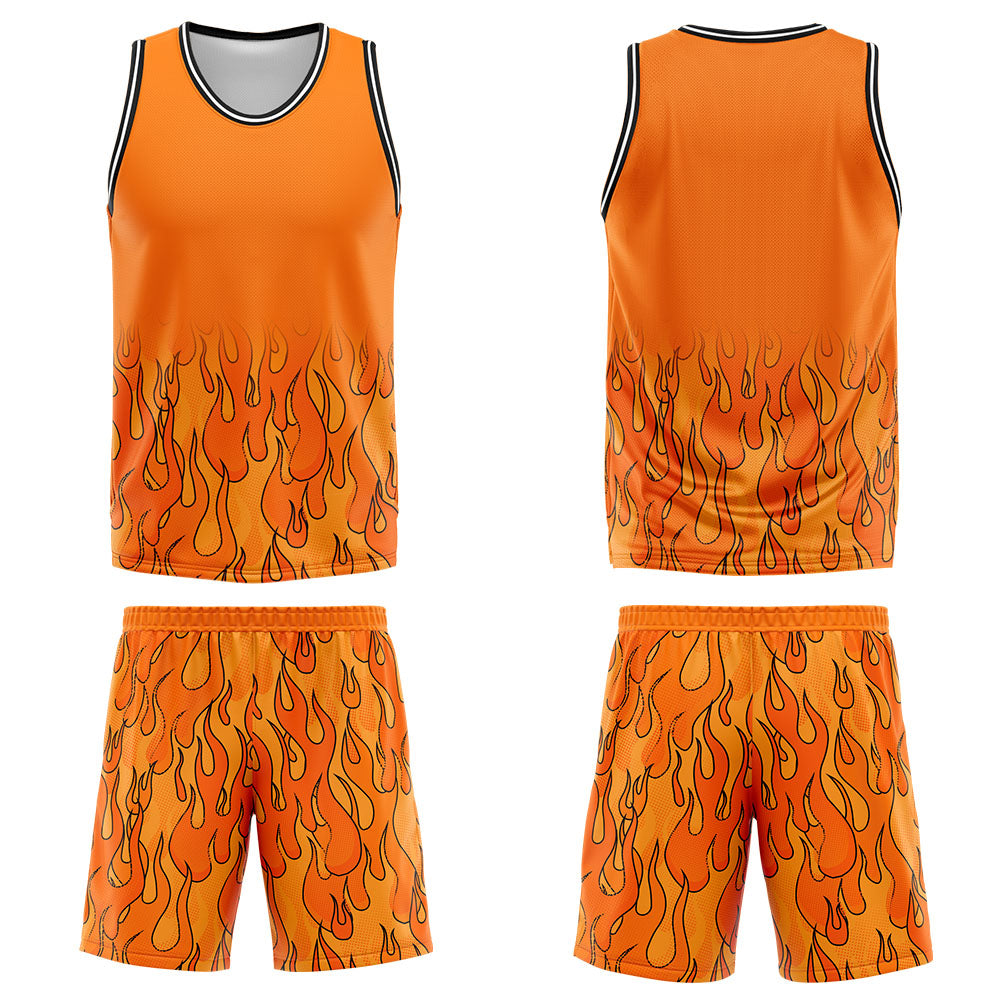Uniforme de baloncesto personalizado con diseño de llama naranja-impreso con tu logotipo-nombre y número