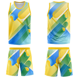 Uniforme de baloncesto personalizado amarillo y azul con tu logotipo-nombre y número impresos