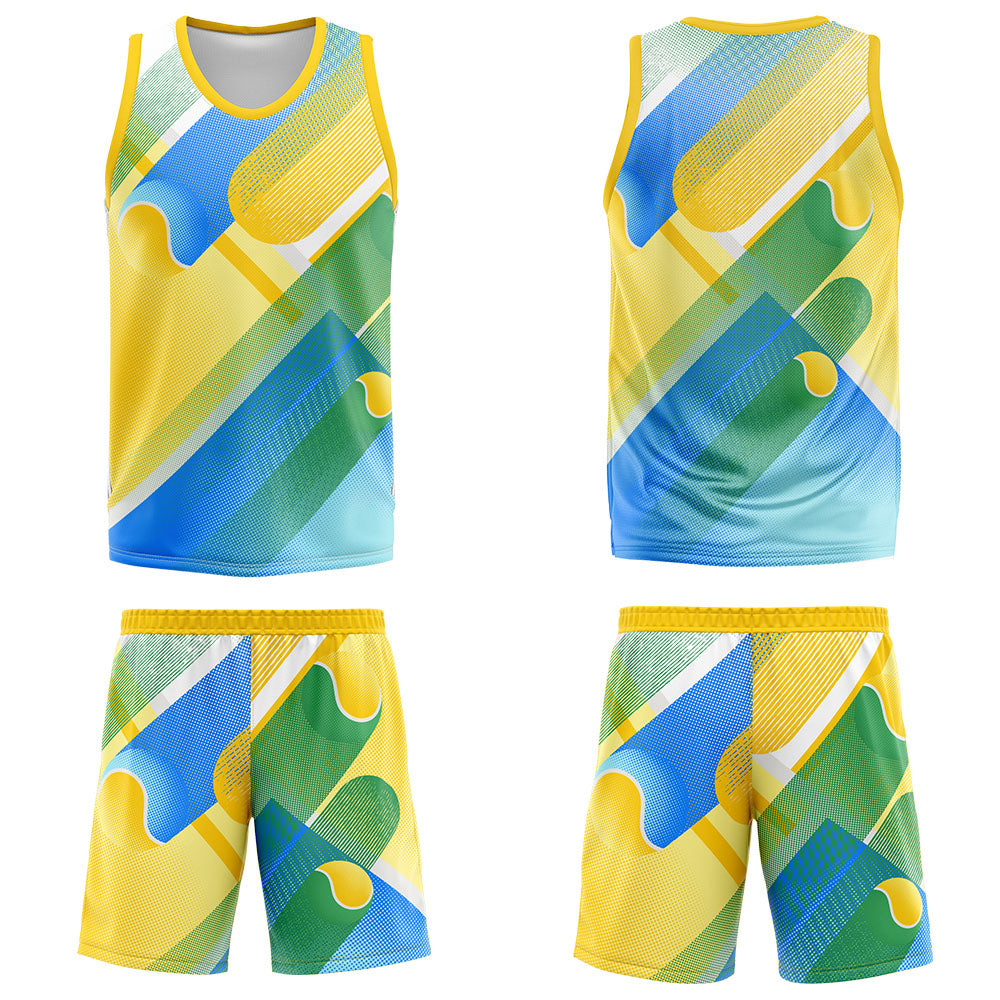 Uniforme de baloncesto personalizado amarillo y azul con tu logotipo-nombre y número impresos