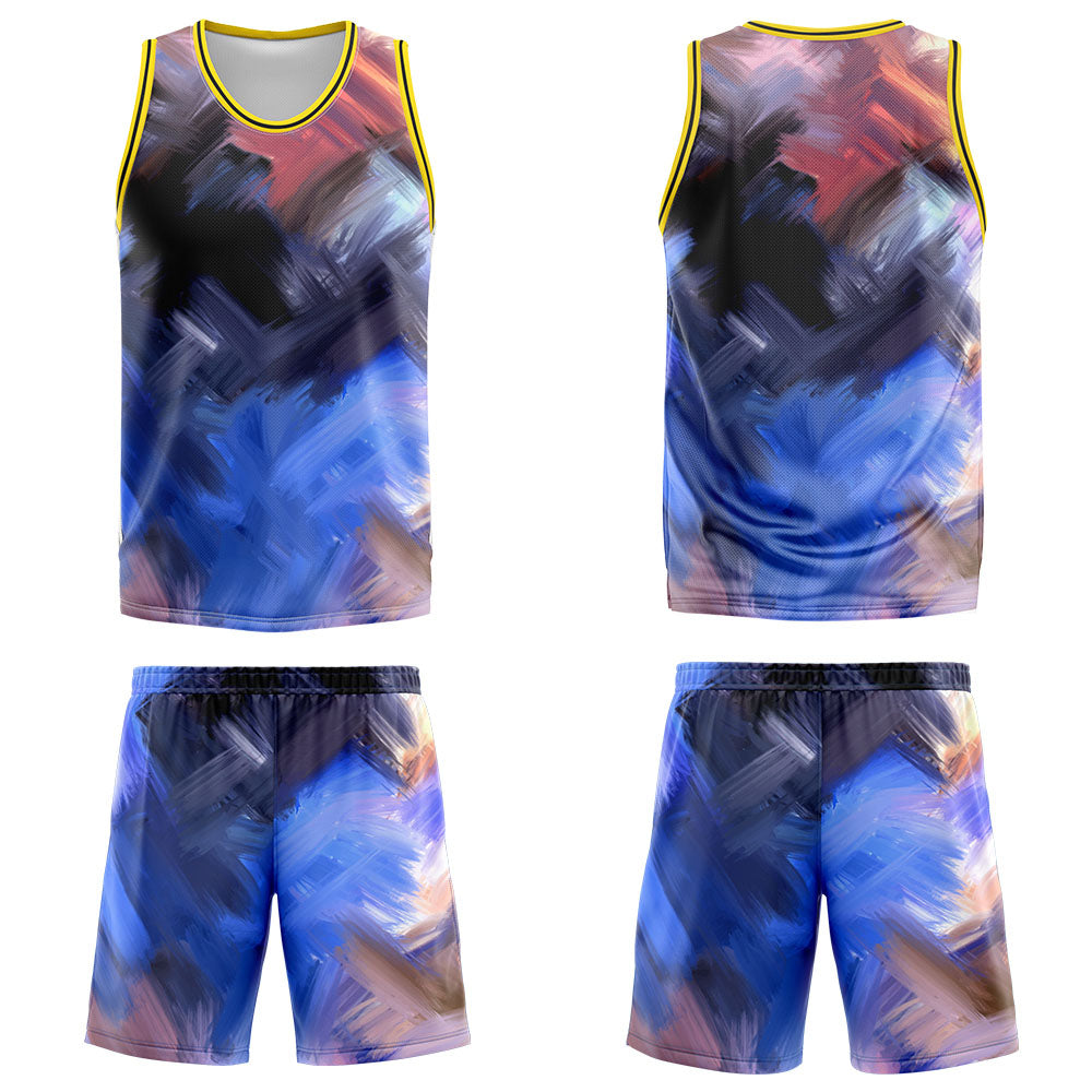 Uniforme de baloncesto personalizado amarillo y azul con tu logotipo-nombre y número impresos