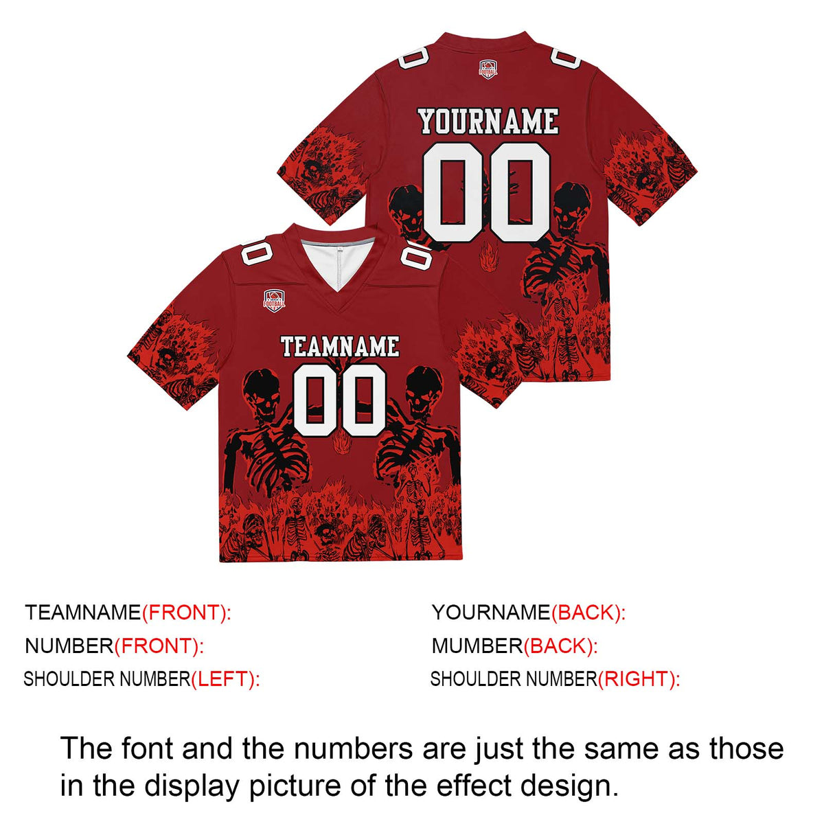 Camiseta de fútbol personalizada con nombre y número del equipo impresos y bordados en color rojo