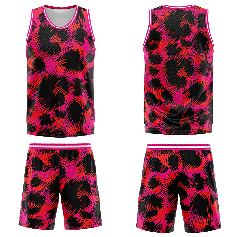 Uniforme de baloncesto personalizado con estampado de leopardo rosa y tu logotipo-nombre y número impresos