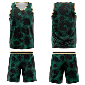 Uniforme de baloncesto personalizado con estampado de leopardo verde y logotipo impreso con tu nombre y número