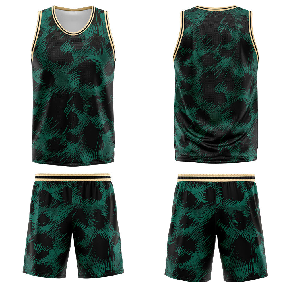 Uniforme de baloncesto personalizado con estampado de leopardo verde y logotipo impreso con tu nombre y número