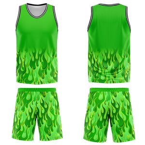 Uniforme de baloncesto personalizado con diseño de llama verde impreso con tu logotipo-nombre y número
