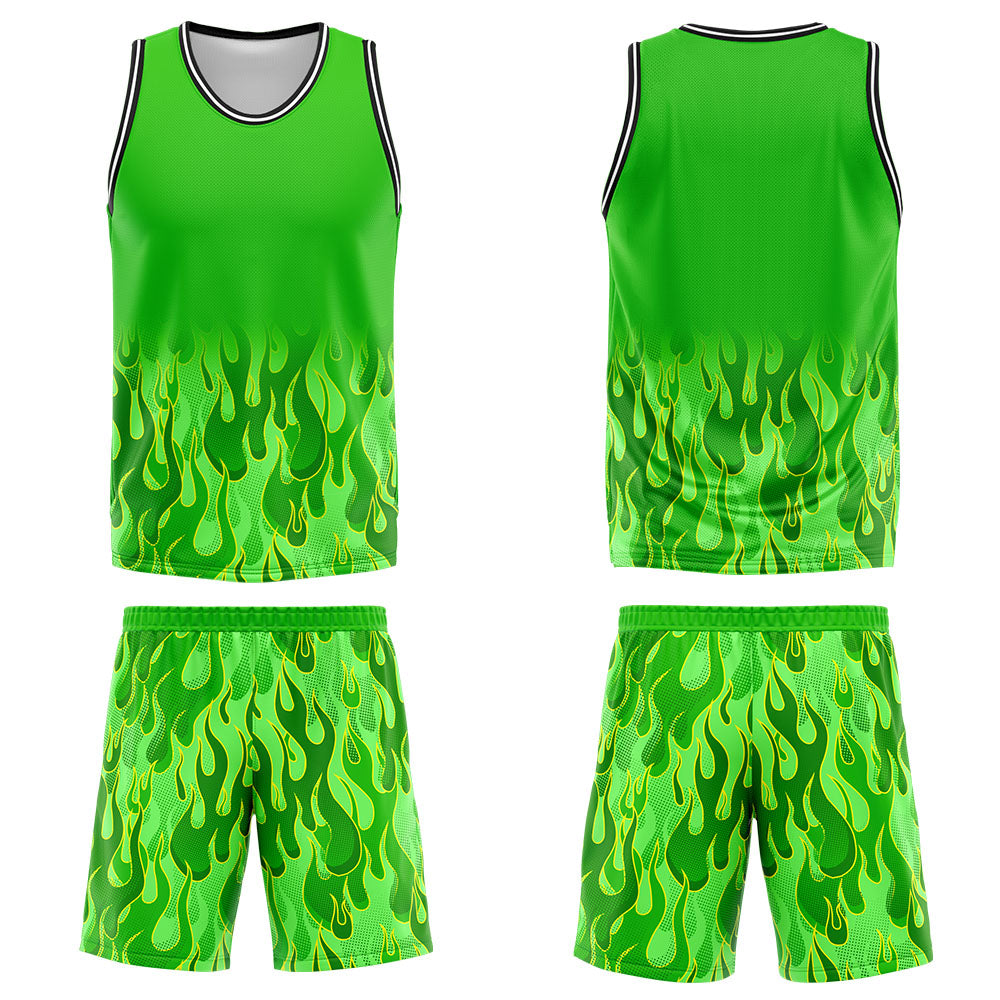 Uniforme de baloncesto personalizado con diseño de llama verde impreso con tu logotipo-nombre y número