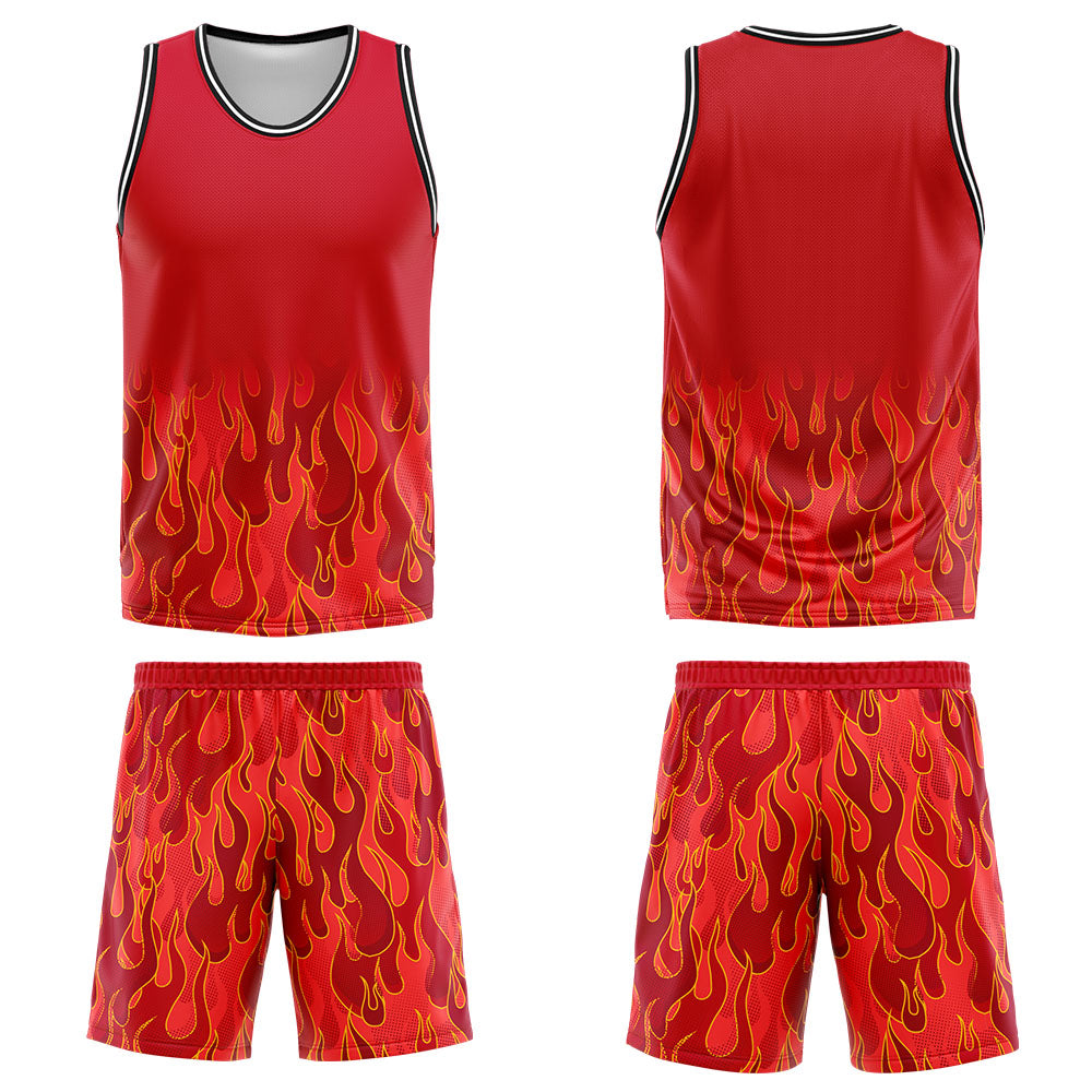 Uniforme de baloncesto personalizado con diseño de llama roja-impreso con tu logotipo-nombre y número