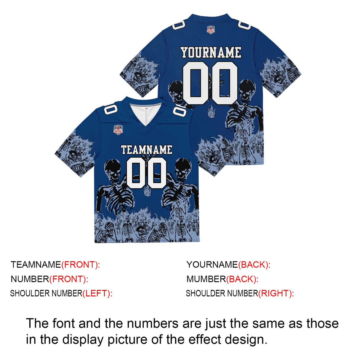 Camiseta de fútbol personalizada con nombre y número del equipo impresos y bordados-color azul