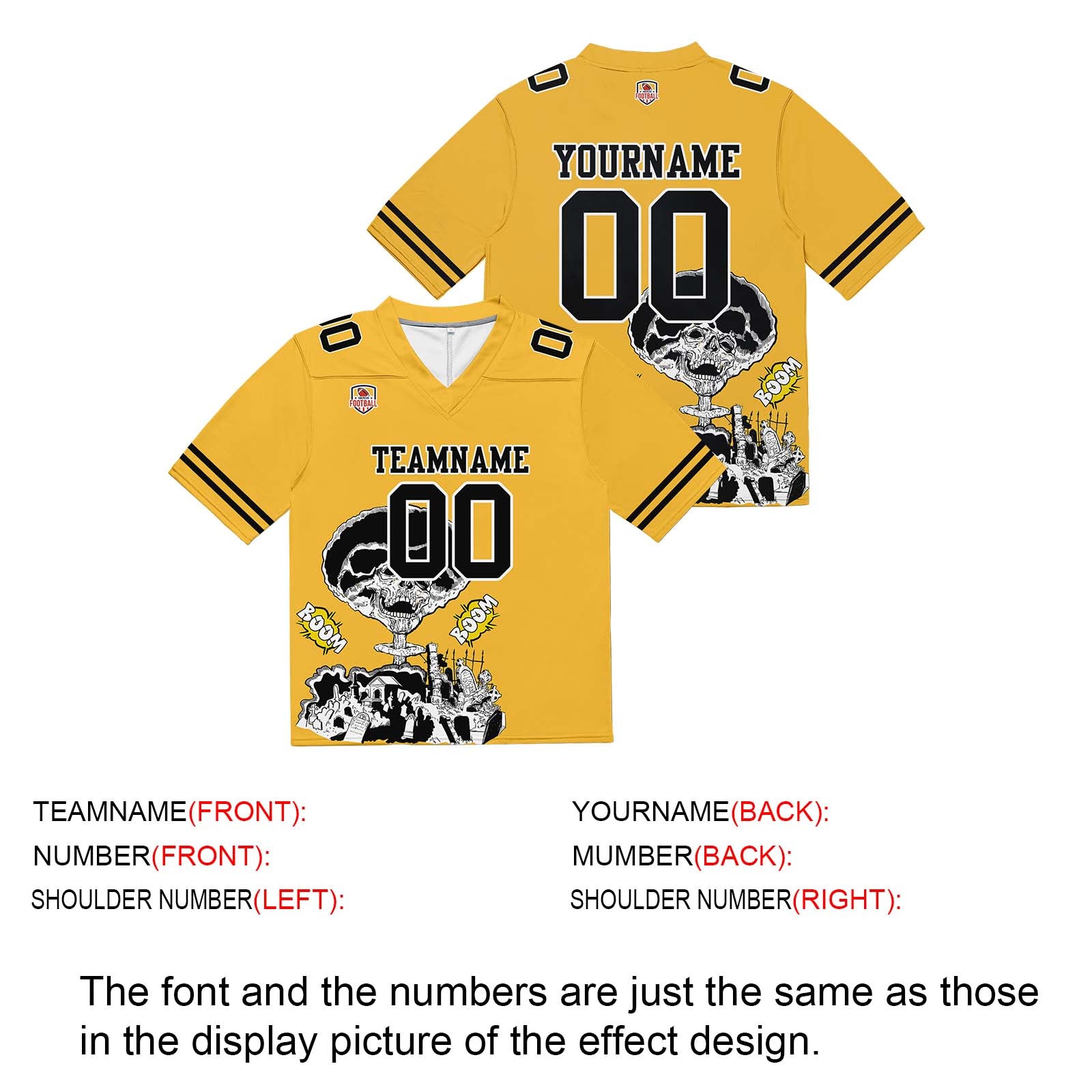 Camiseta de fútbol personalizada con nombre y número del equipo impresos y bordados en color amarillo