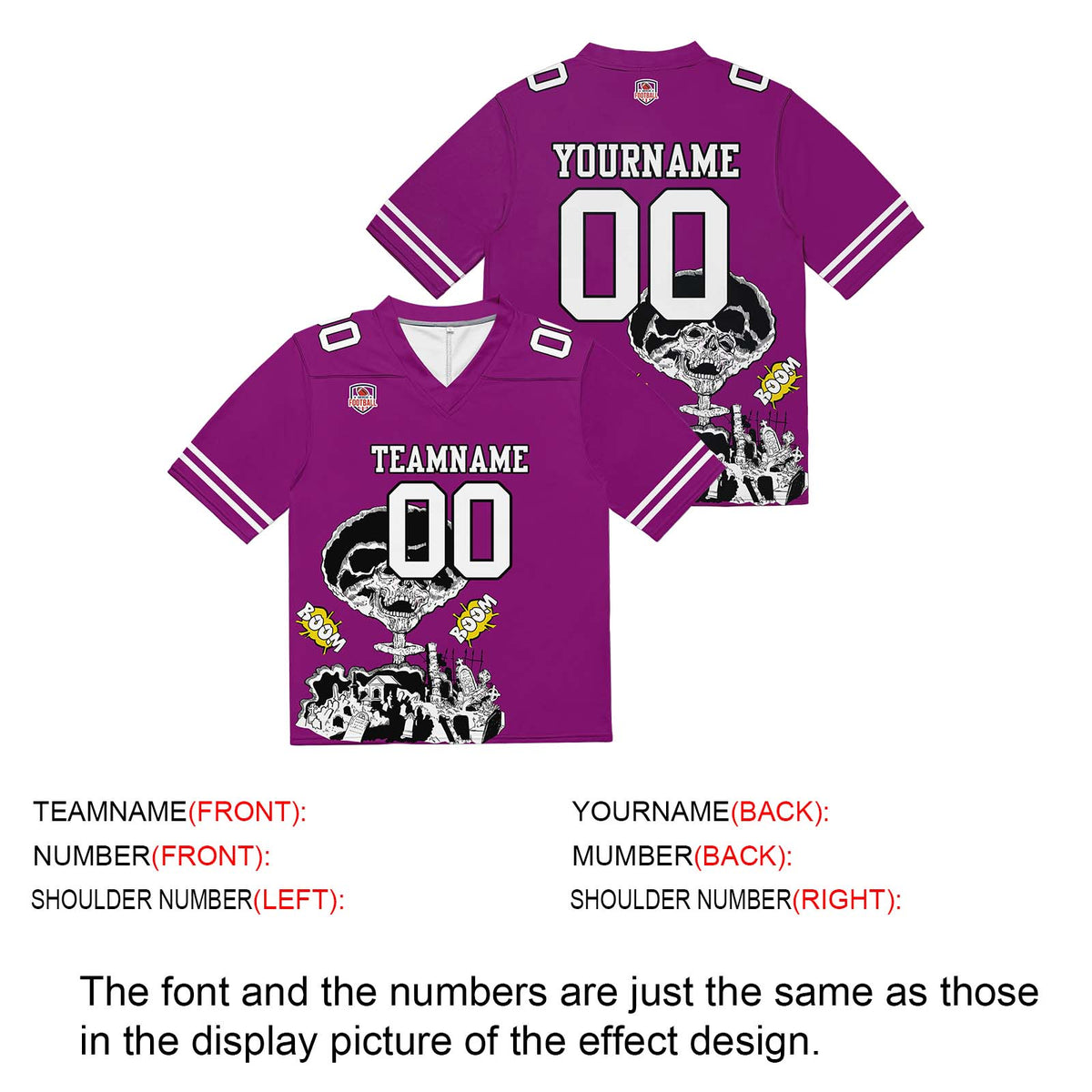 Camiseta de fútbol personalizada con nombre y número del equipo bordados y estampados en color morado rosa