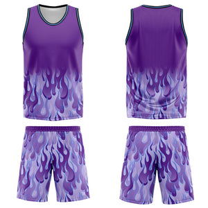 Uniforme de baloncesto personalizado con diseño de llama morada y estampado de tu logotipo-nombre y número