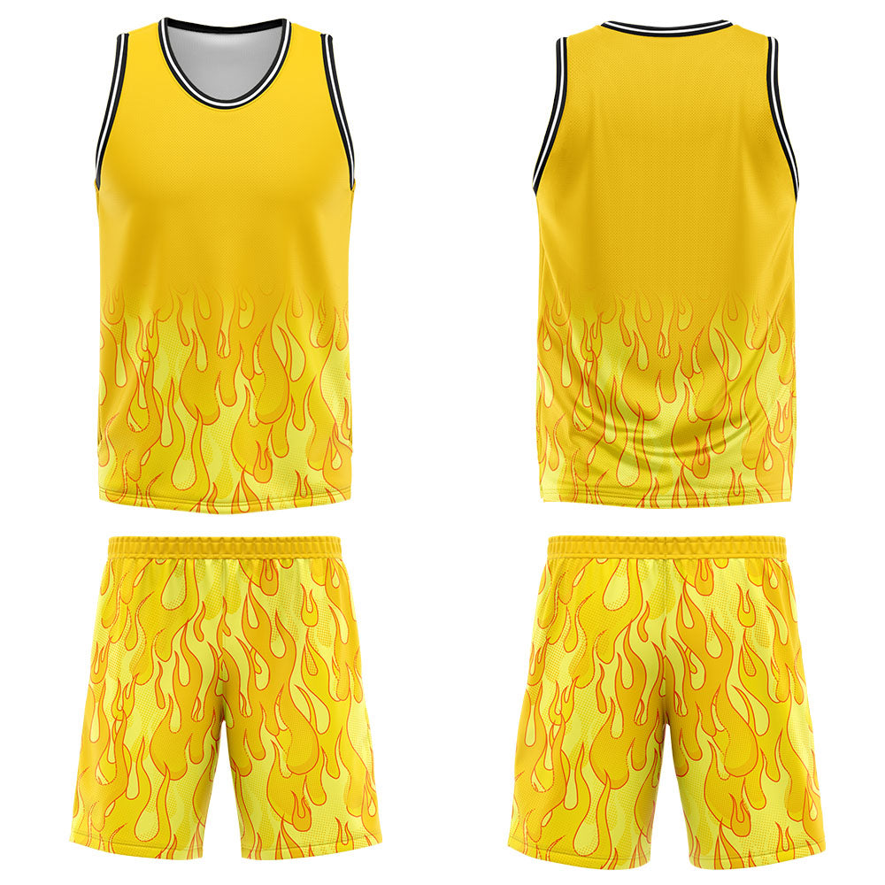 Uniforme de baloncesto personalizado con diseño de llama amarilla-impreso con tu logotipo-nombre y número