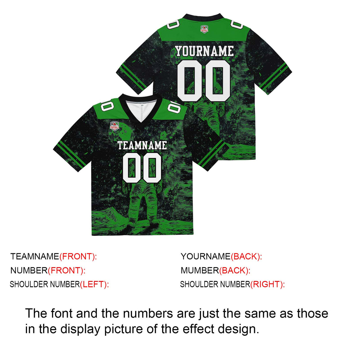 Camiseta de fútbol personalizada con nombre y número del equipo bordados-color negro y verde