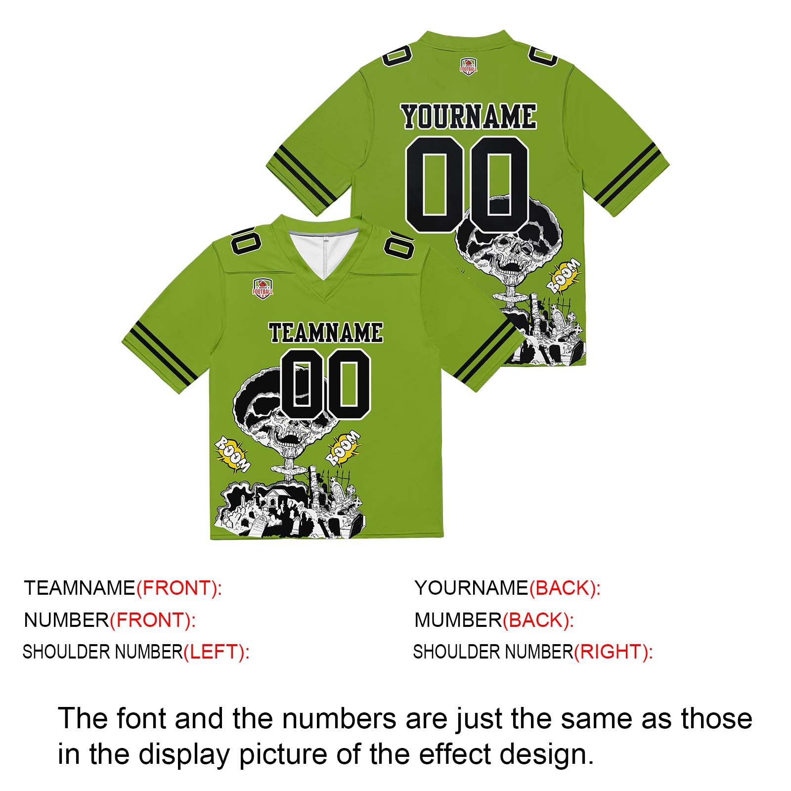 Camiseta de fútbol personalizada con nombre y número del equipo bordados y estampados en color verde hierba