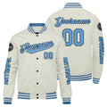 Chaquetas universitarias personalizadas color crema y azul claro para hombres & mujeres y jóvenes & Chaquetas Letterman personalizadas