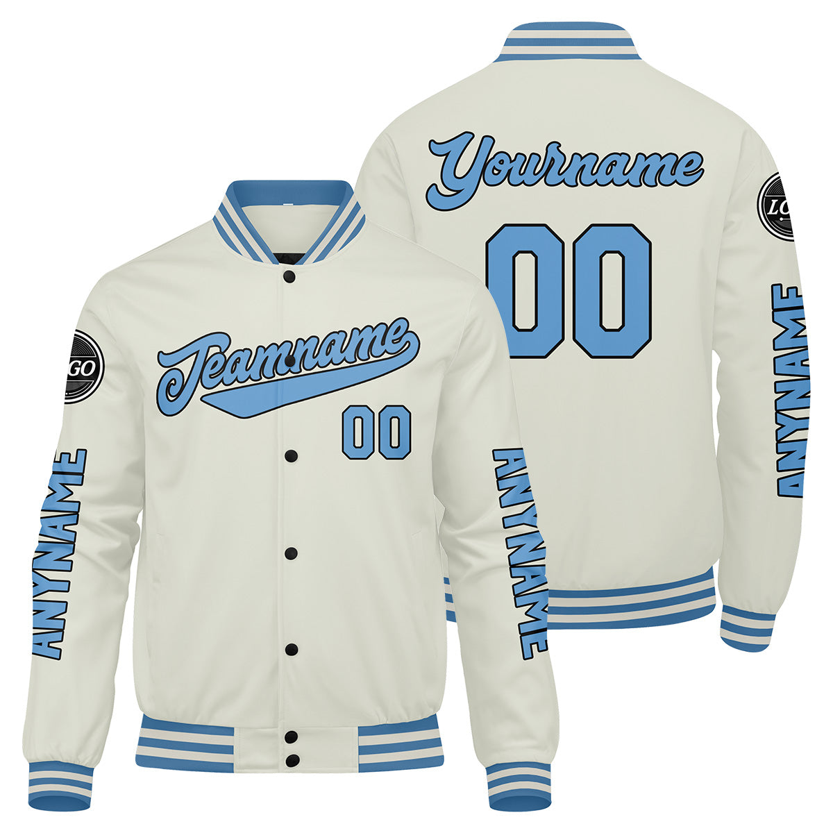Chaquetas universitarias personalizadas color crema y azul claro para hombres & mujeres y jóvenes & Chaquetas Letterman personalizadas