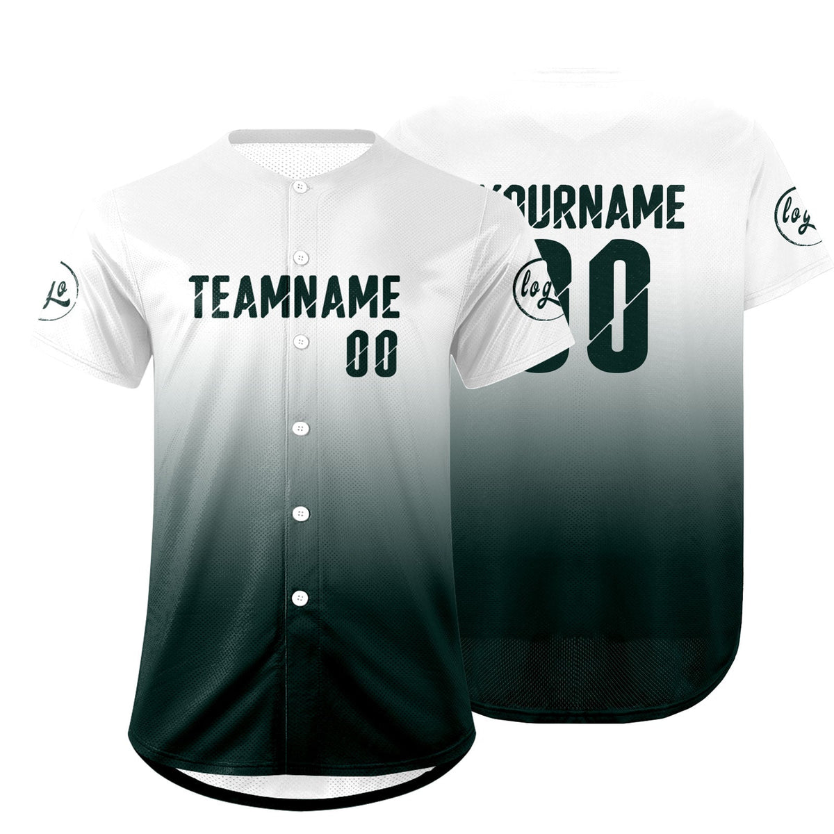Camiseta de béisbol personalizada blanca y verde oscuro con degradado uniformes de equipo personalizados con nombre y número